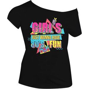 80s Graphic Tee Theme Party Shirt Off the Shoulder Top Vintage Neon Black MEDIUM
